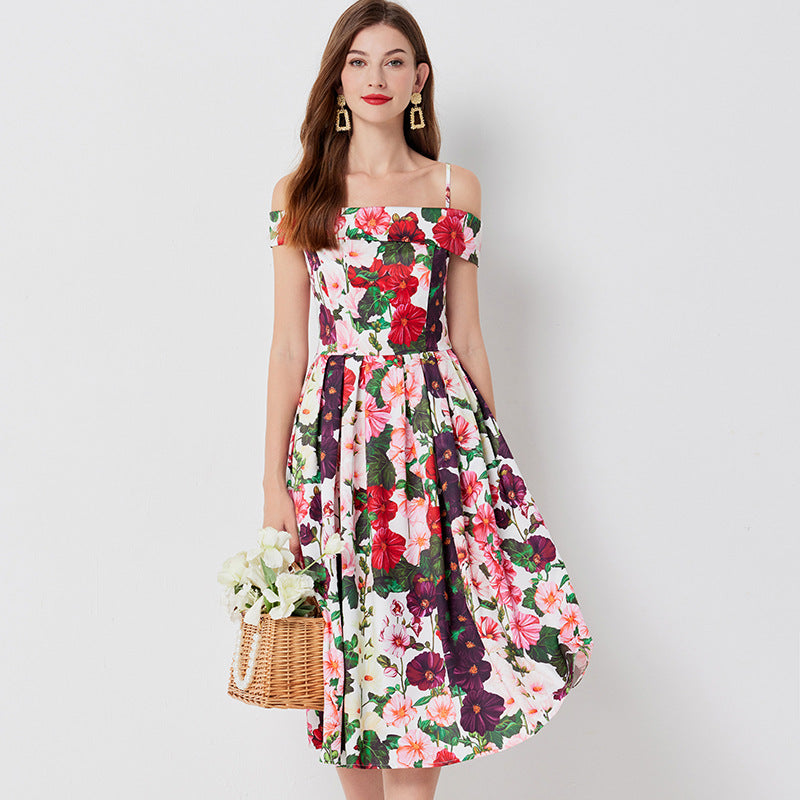 Floral print Off-shoulder Sling Dress