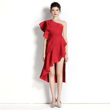 Three-dimensional Ruffled Shoulder Irregular Mid-length Dress