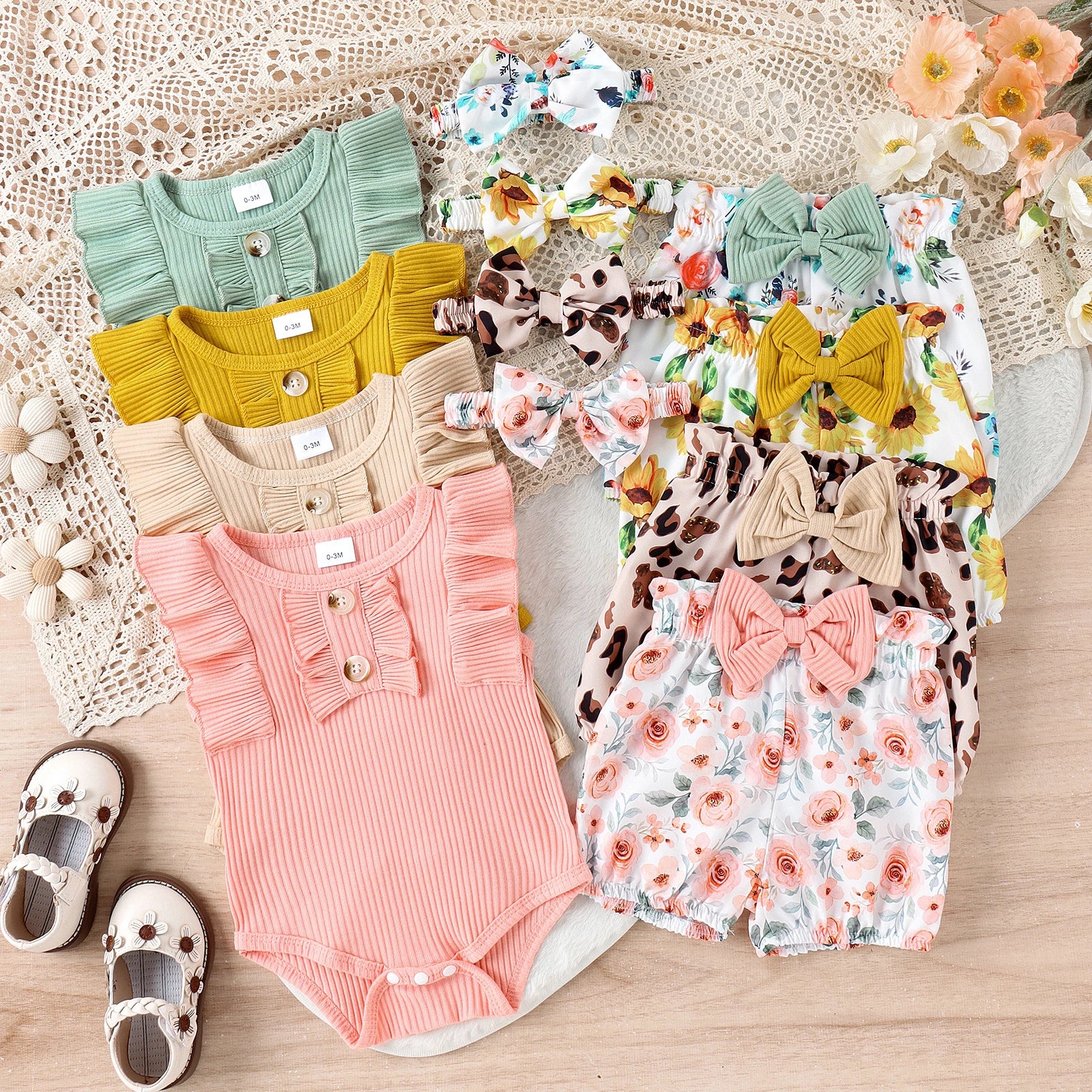 Baby Clothing Girl Summer Frill Trim Ribbed Romper + Elastic Waist Shorts + Bow Headband - Touches