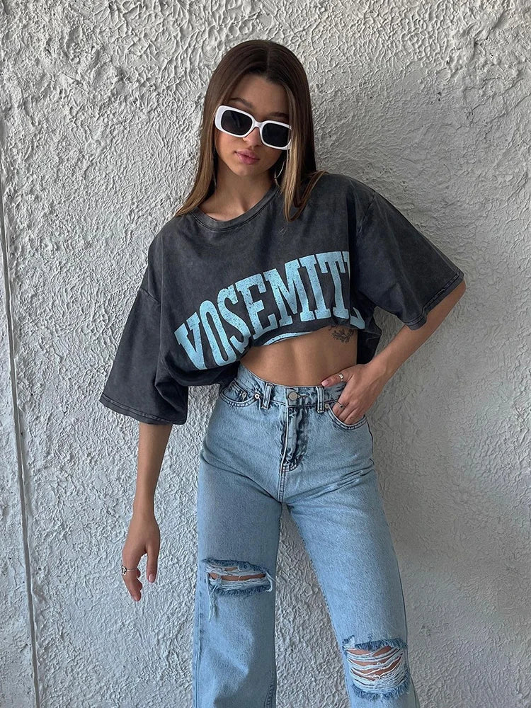 Acid Washed T Shirt Women Vintage Cotton T-shirts Streetwear - Touches