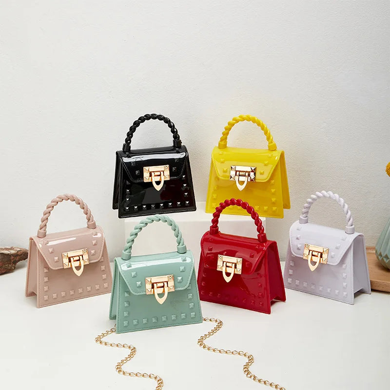 New Fashion Simple Solid Rivet Handheld PVS Mini Jelly Bag Single Shoulder Crossbody Mouth Red Bag Handbags - Touches