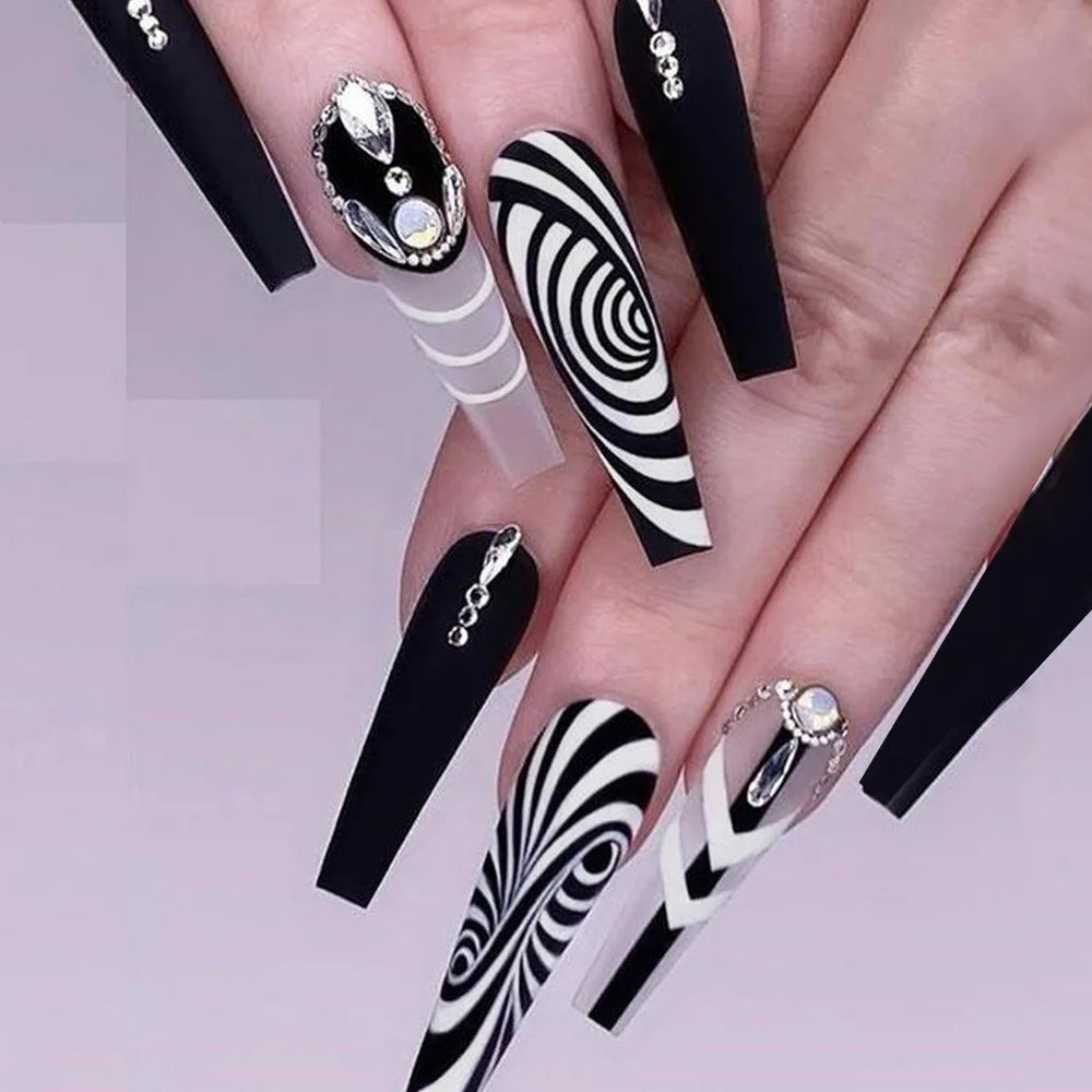 24 Pcs Long Coffin Press On Nails Colorful Pattern With Rhinestones - Touches