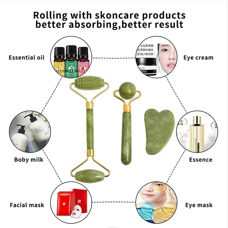 Natural Jade Roller Face Gua Sha Natural Stone Body Face Neck Massager - Touches