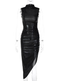 Leather Turtleneck Sleeveless Draped Slit Sexy Slim Dress - Touches