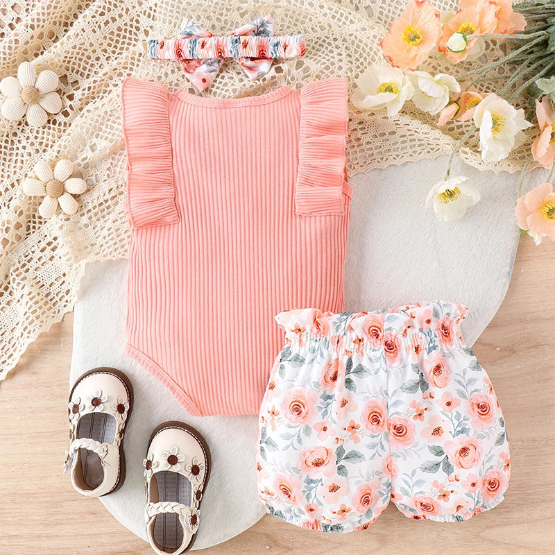 Baby Clothing Girl Summer Frill Trim Ribbed Romper + Elastic Waist Shorts + Bow Headband - Touches