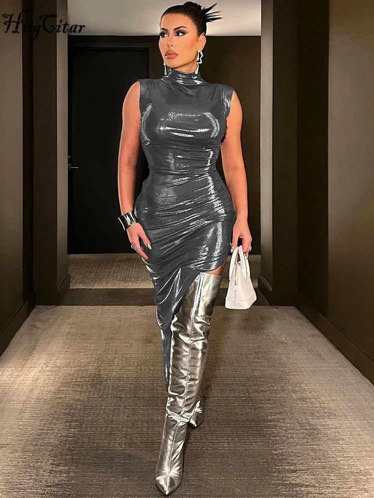 Leather Turtleneck Sleeveless Draped Slit Sexy Slim Dress - Touches