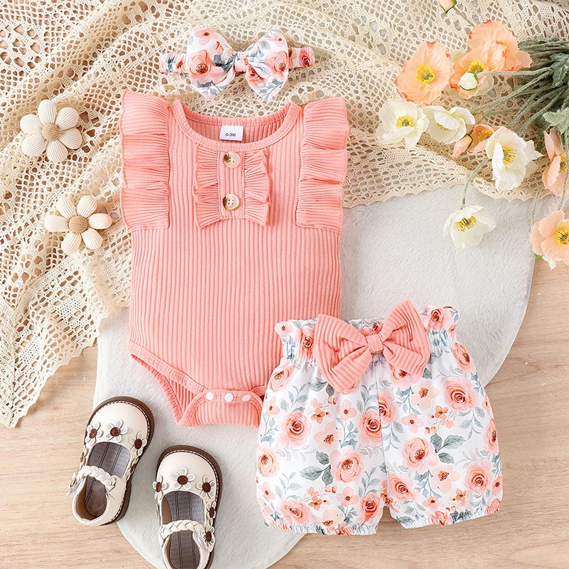 Baby Clothing Girl Summer Frill Trim Ribbed Romper + Elastic Waist Shorts + Bow Headband - Touches