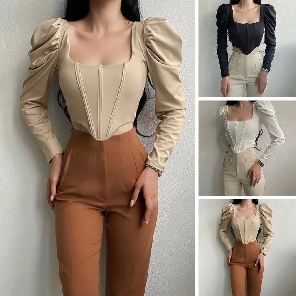 Women Crop Top Long Sleeve Square Collar - Touches