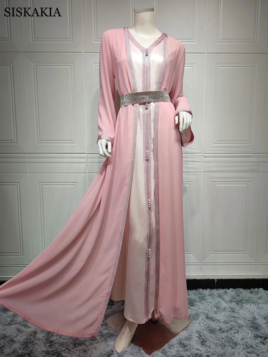 Two Pieces Abaya Set Women Vest Long Dress