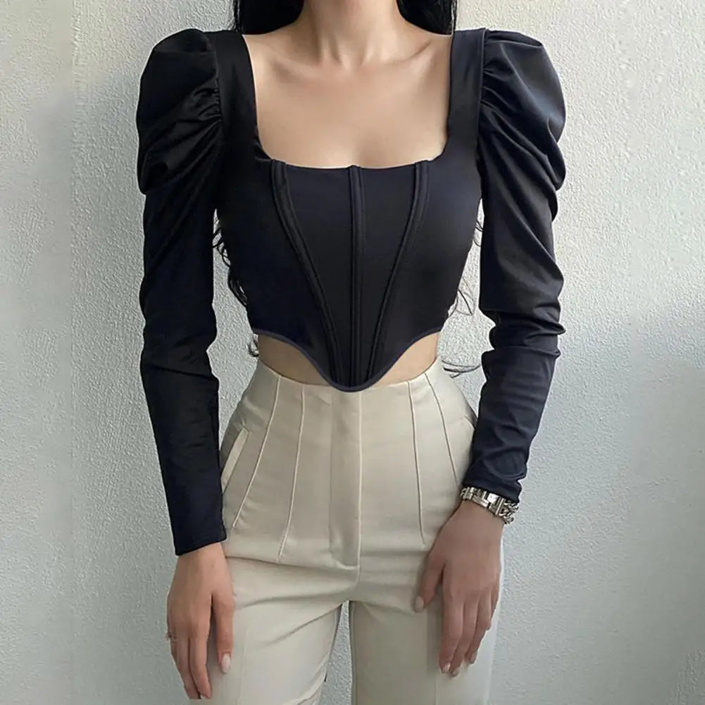 Women Crop Top Long Sleeve Square Collar - Touches