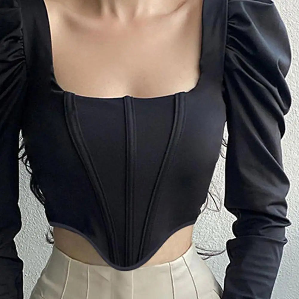 Women Crop Top Long Sleeve Square Collar - Touches