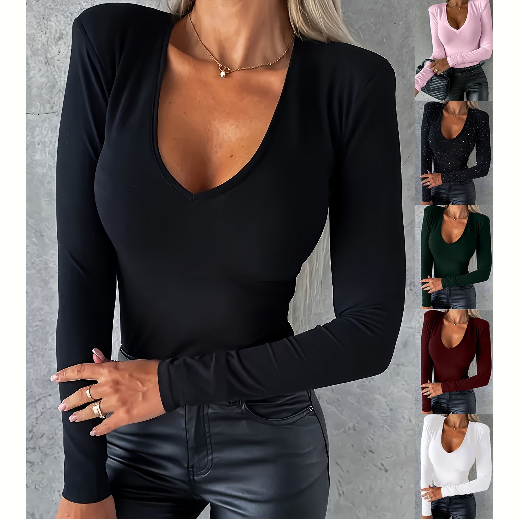 Women t-shirt Women's Long-sleeved V-neck Tight Bottoming Casual Simple T-shirt Top - Touches